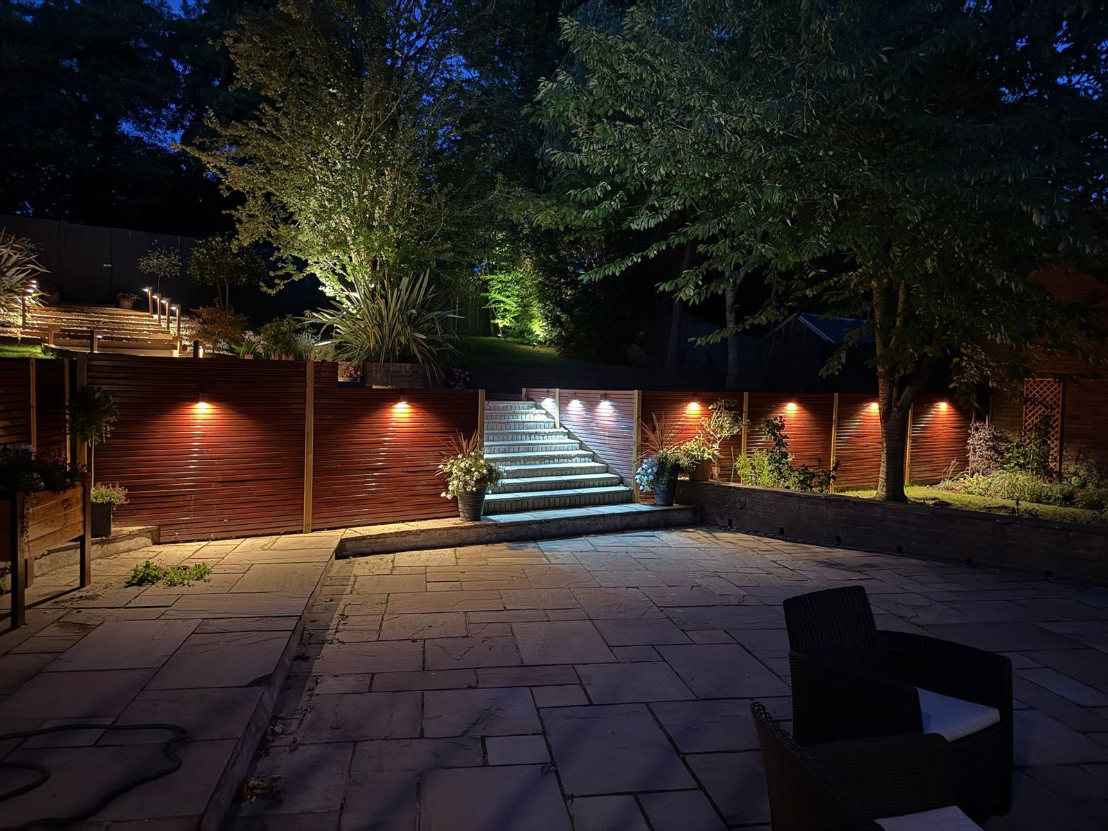 Patio and garden lighting at night
