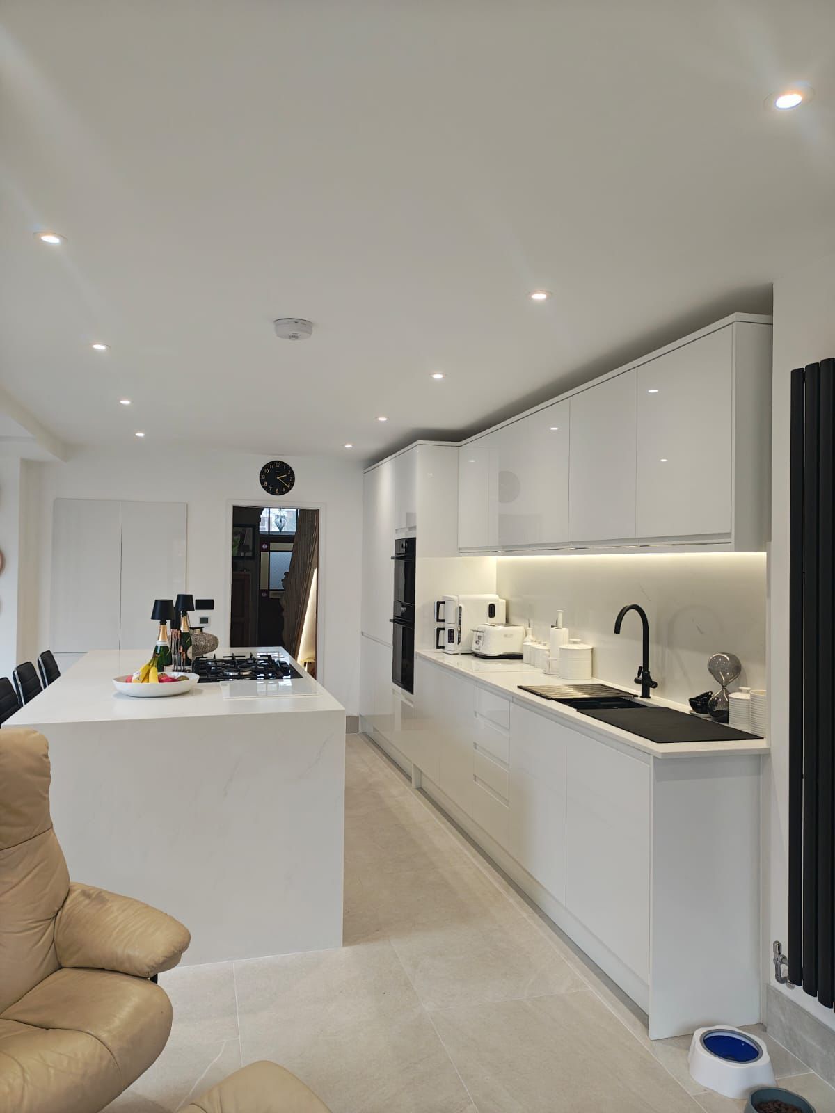 Open-plan kitchen-diner with recessed downlights